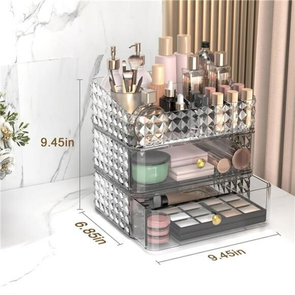 Clear stackable makeup organizer with drawers tray vanity storage case - Picture 3 of 7